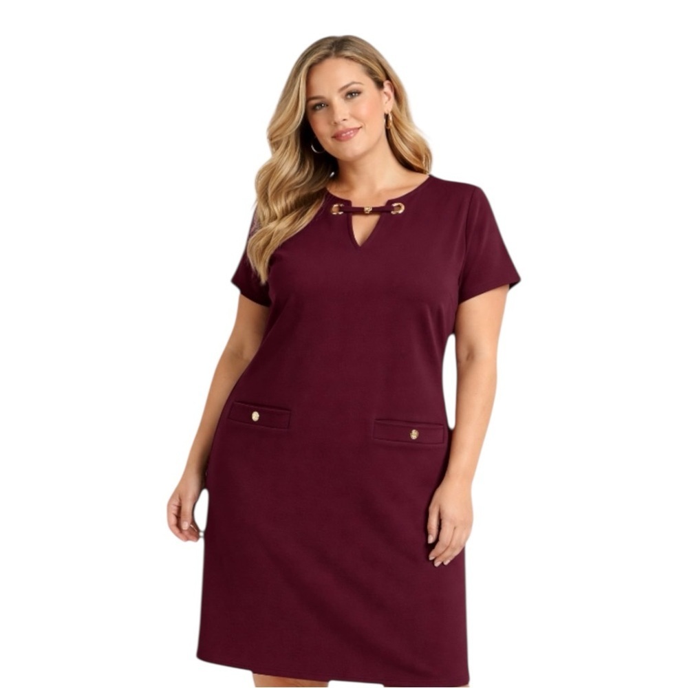 Tommy Hilfiger Burgundy Shift Dress Size 18 Gold Bar Short Sleeve